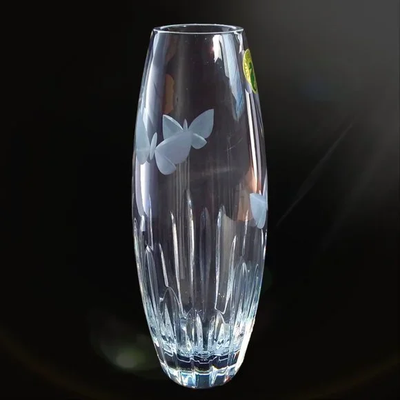 Waterford Crystal Butterfly Bud Vase Etched Signed 8in Original Sticker Slovenia - Picture 4 of 11
